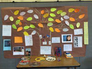 Bulletin board showing tree with phrases related to human rights