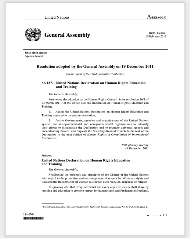 UN General Assembly adopted the Declaration of Human Rights Education and Training 