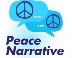 Blue speech bubbles with purple peace symbols with the text Peace Narrative below