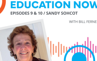 Image of Sandy Sohcot and the Human Rights Education Now! Logo with audio wave elements and an icon of a microphone in blue