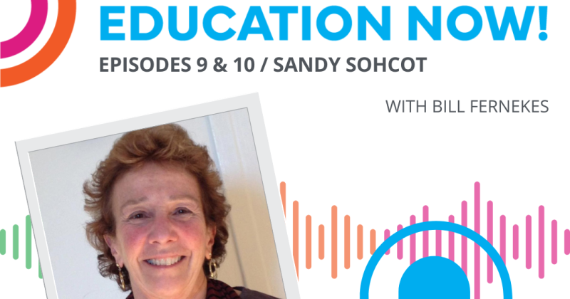 Image of Sandy Sohcot and the Human Rights Education Now! Logo with audio wave elements and an icon of a microphone in blue