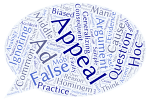 Fallacies – word cloud Word cloud with fallacies in the shape of a speech bubble