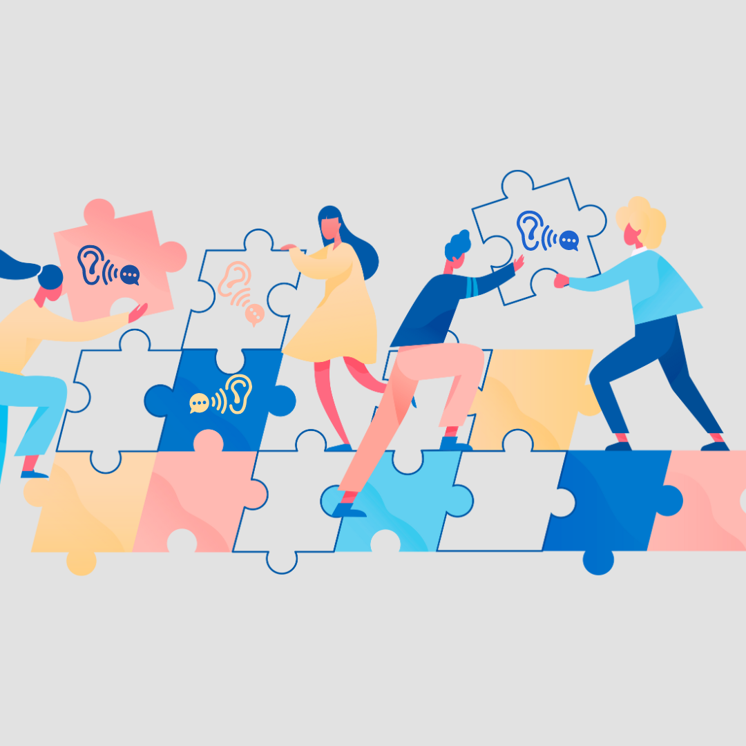 listening Illustration of people putting together a giant puzzle, some of the pieces have icons of an ear and a dialogue bubble