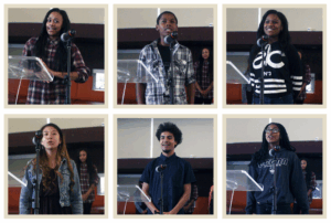 Photographs of past rite of passage participants at a mic in a 6 photo grid