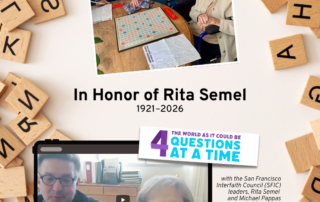 Image of scrabble tiles with a photo of Sandy and her husband Brian with Rita Semel and a Scrabble board and an image of Mike Pappas and Rita Semel from our 4 Questions at a Time interview