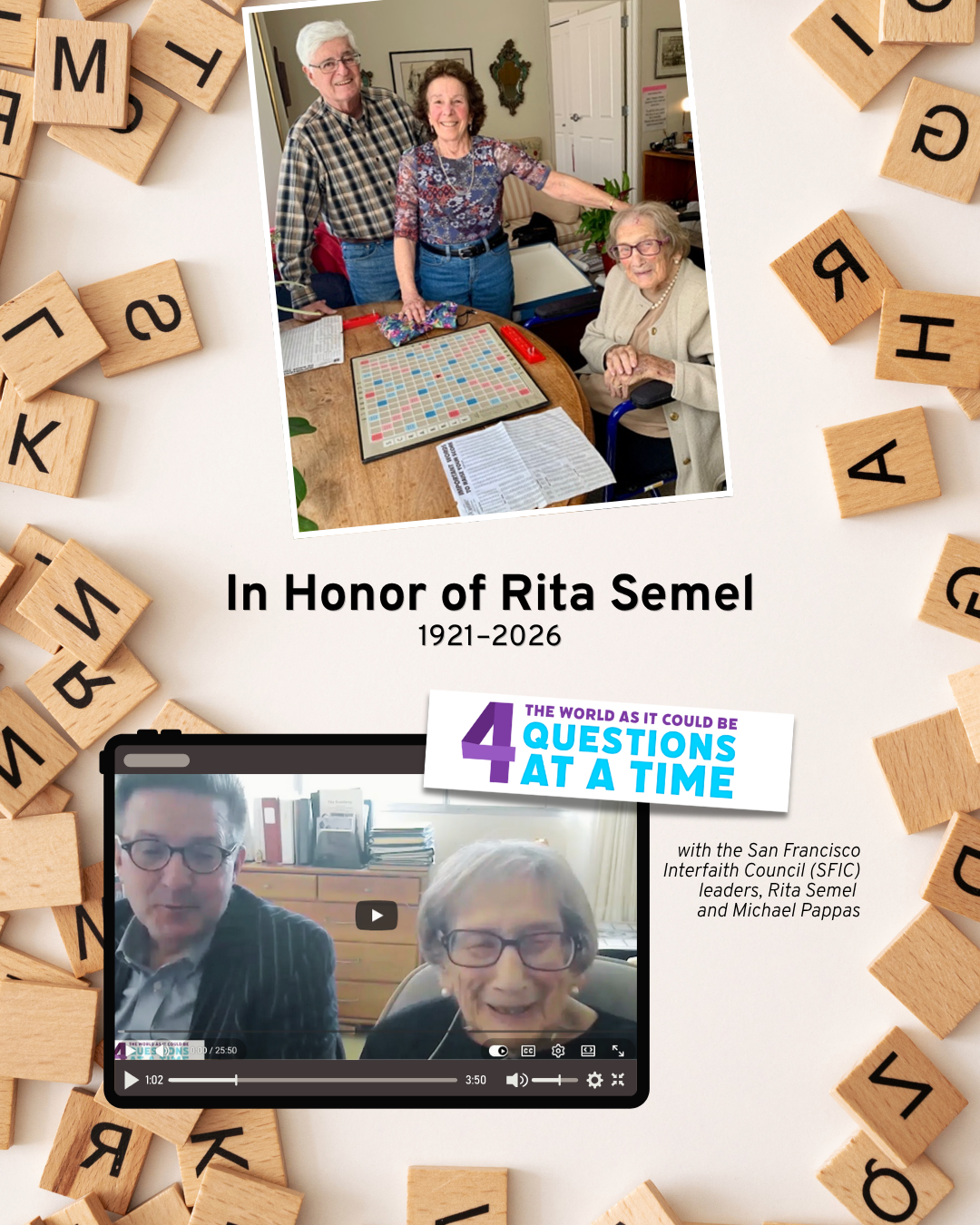 Image of scrabble tiles with a photo of Sandy and her husband Brian with Rita Semel and a Scrabble board and an image of Mike Pappas and Rita Semel from our 4 Questions at a Time interview